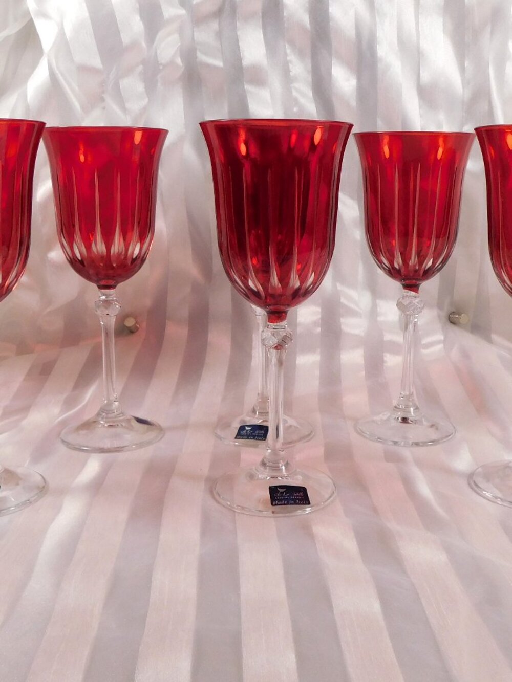 Le Sielle Lot of Six Pink Crystal Cut to Clear Water Goblets  # 27156